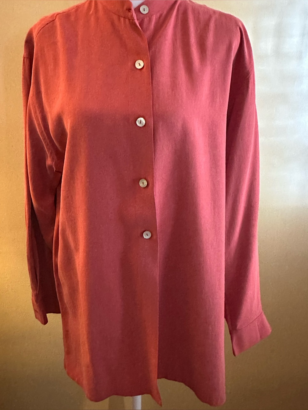 Ann Taylor Mandarin Collar Button-Down Silk Blouse in Dusty Rose